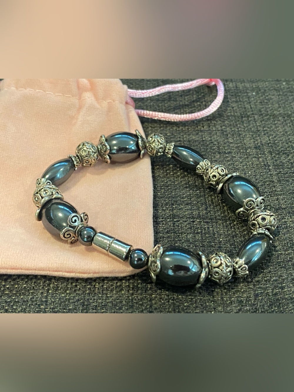 Hematite Beaded 7 inch Bracelet with Silver-Tone Accents & magnetic closure. - Picture 2 of 4